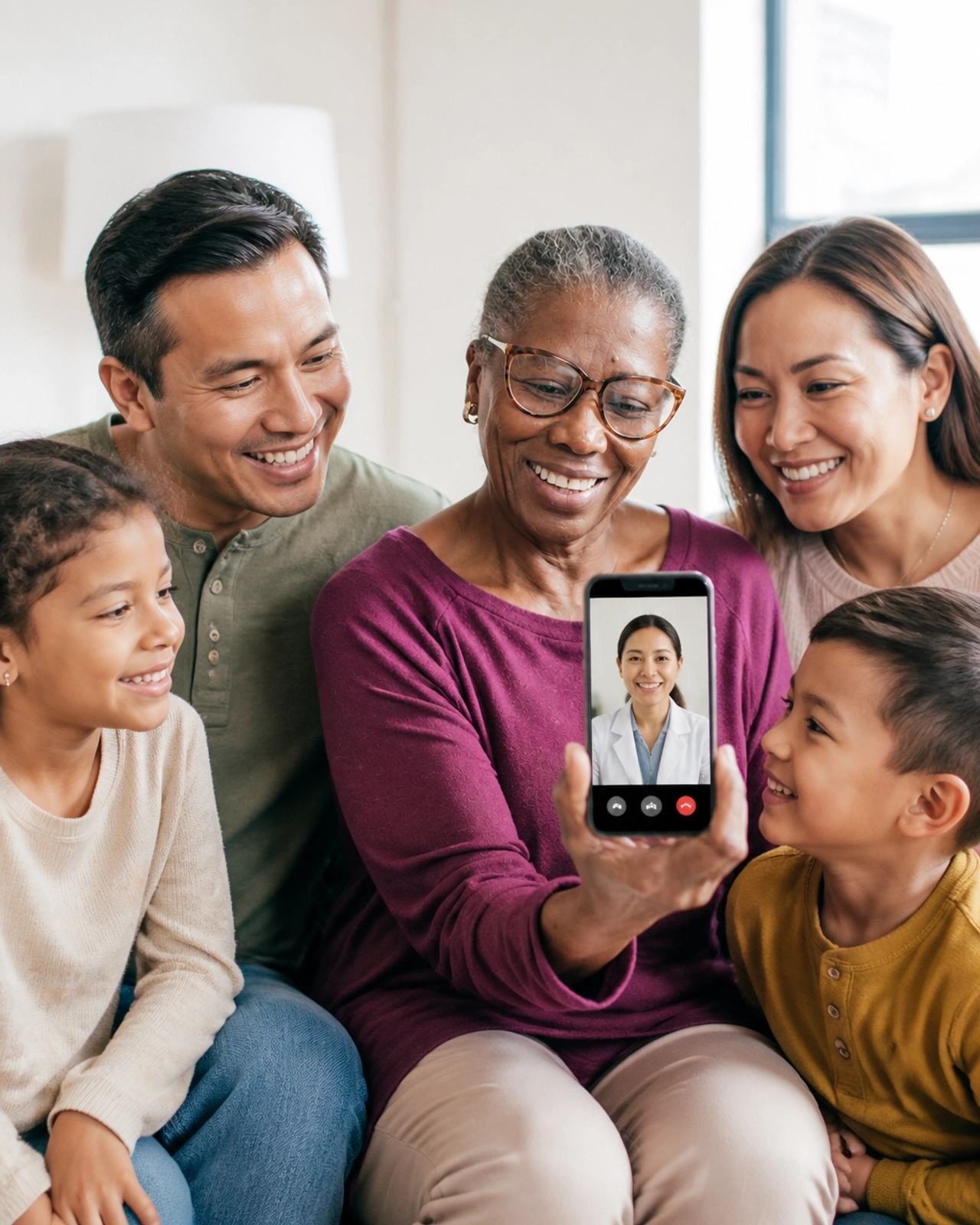 A happy family in a modern living room using a smartphone for a virtual dental consultation with a friendly dentist on the screen.