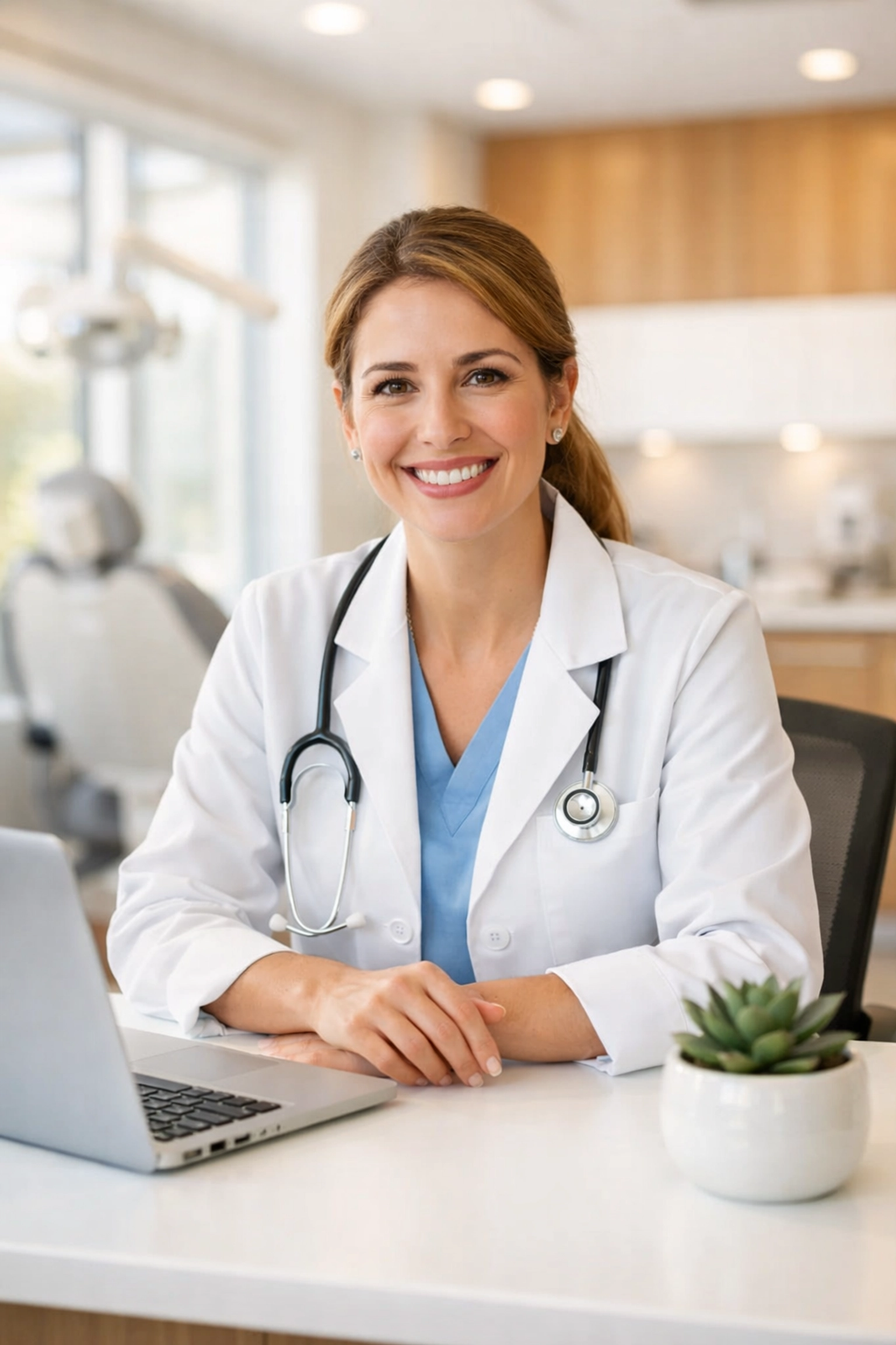 A professional female dentist at her desk, providing a friendly and reliable online dental consultation.