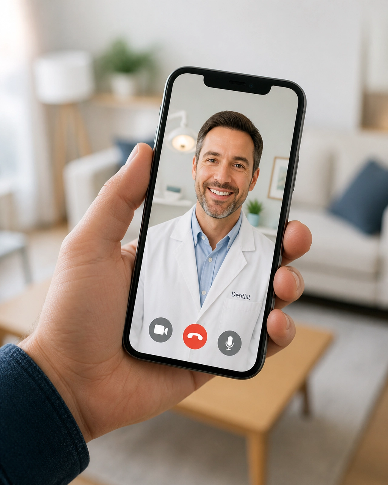 A professional dental consultation happening via a smartphone app