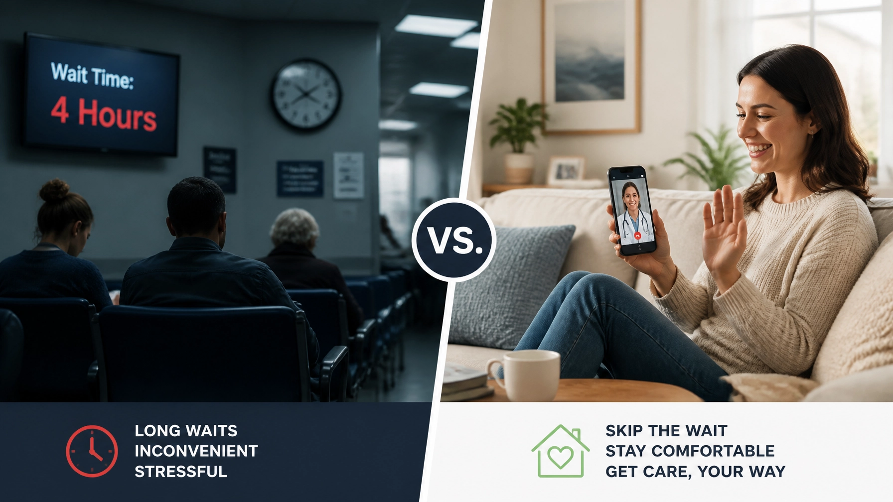 Comparison of a stressful ER waiting room versus a comfortable home consultation