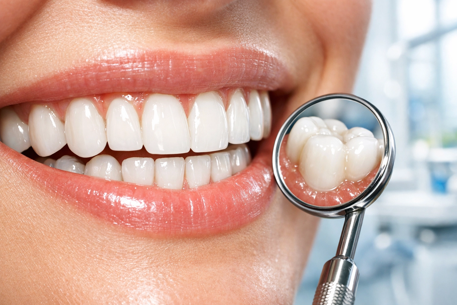Close-up of a healthy smile and dental mirror during a professional dental checkup for oral health prevention.