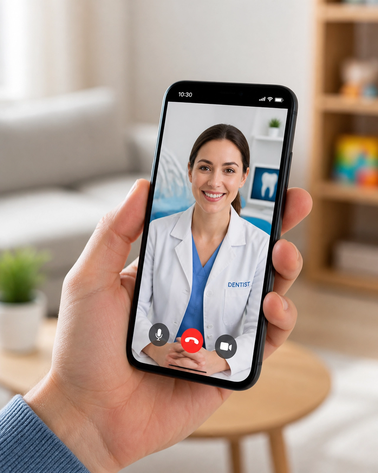 A close-up of a hand holding a smartphone during a professional video consultation with a dentist.