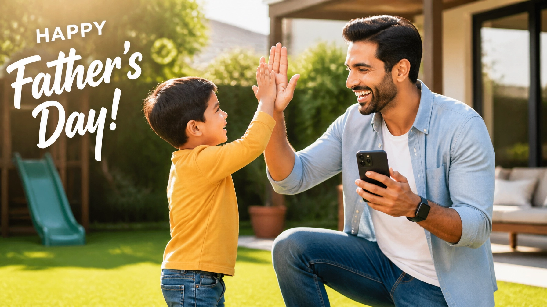 A happy father high-fiving his young son in a sunny backyard, celebrating a pain-free Father's Day.