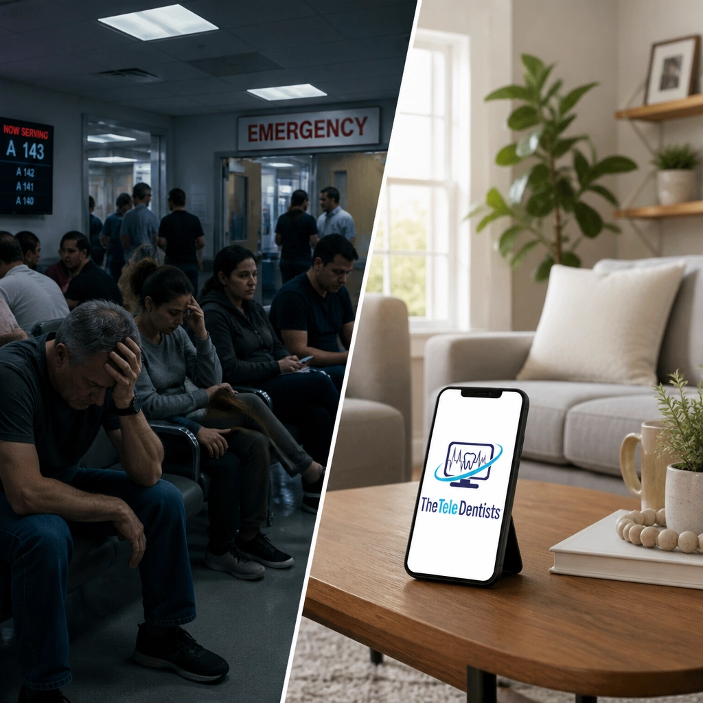 A split-screen comparison showing a stressful, crowded hospital waiting room on the left and a bright, calm living room with a smartphone on the right.