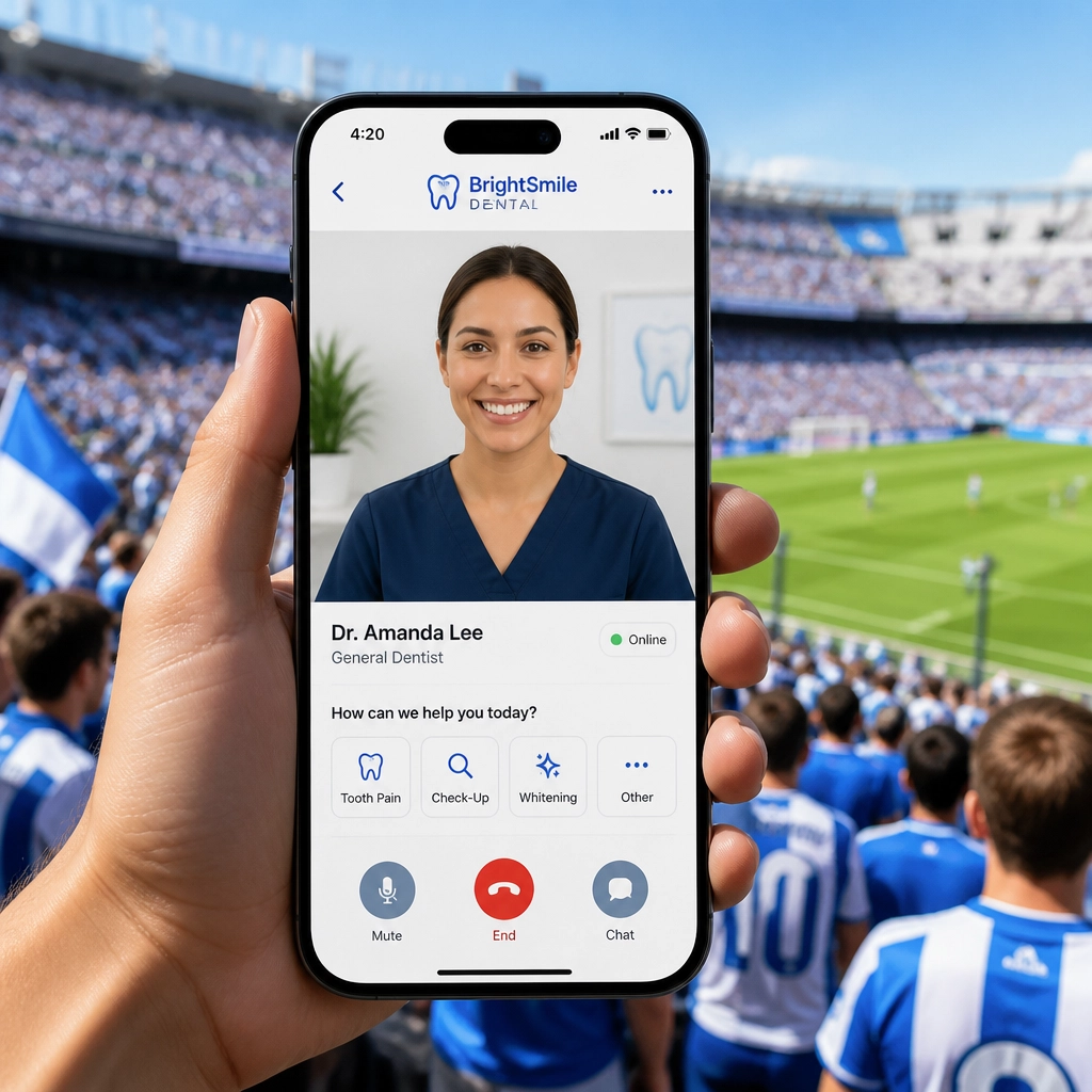 A modern smartphone showing a professional virtual dental consultation interface with a blurred soccer stadium in the background.