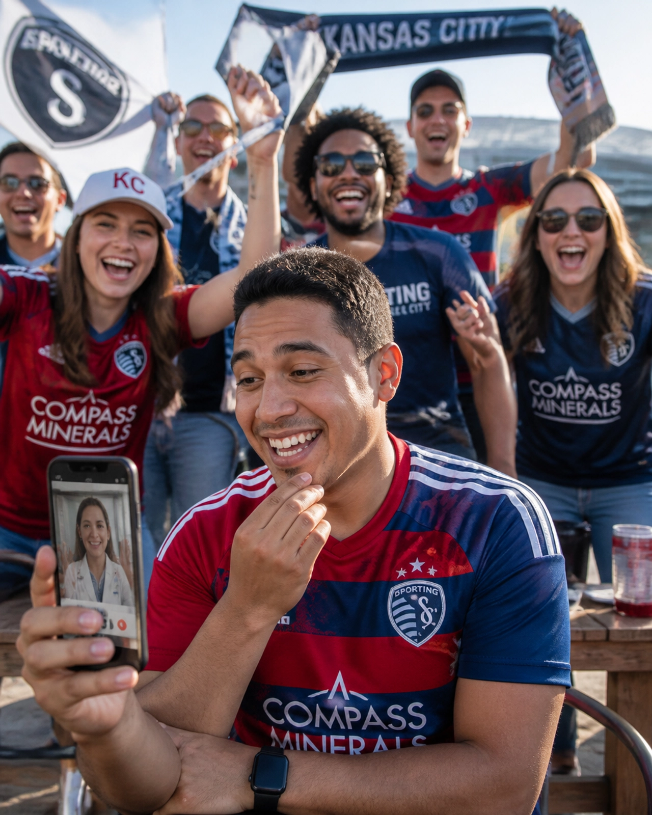 A fan in the foreground using a smartphone to talk to a dentist via video call while other fans cheer in the background.