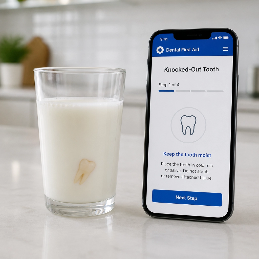 A tooth in a glass of milk illustrating proper emergency first aid