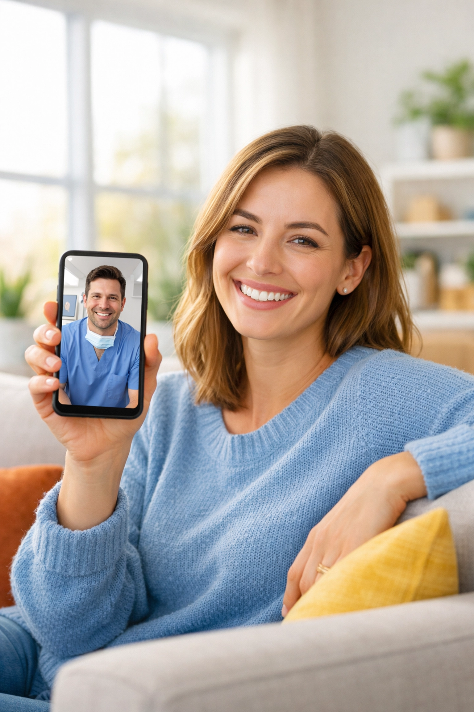 Woman having emergency dentist video call from home on smartphone