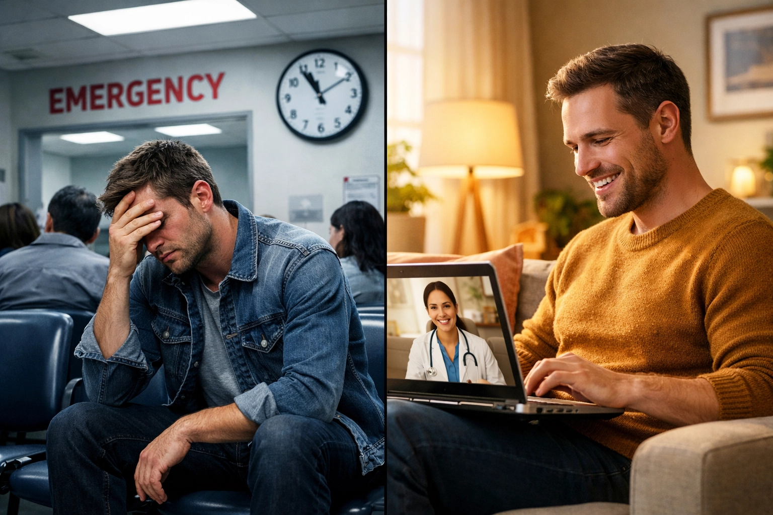 Emergency room waiting area compared to home teledentistry consultation