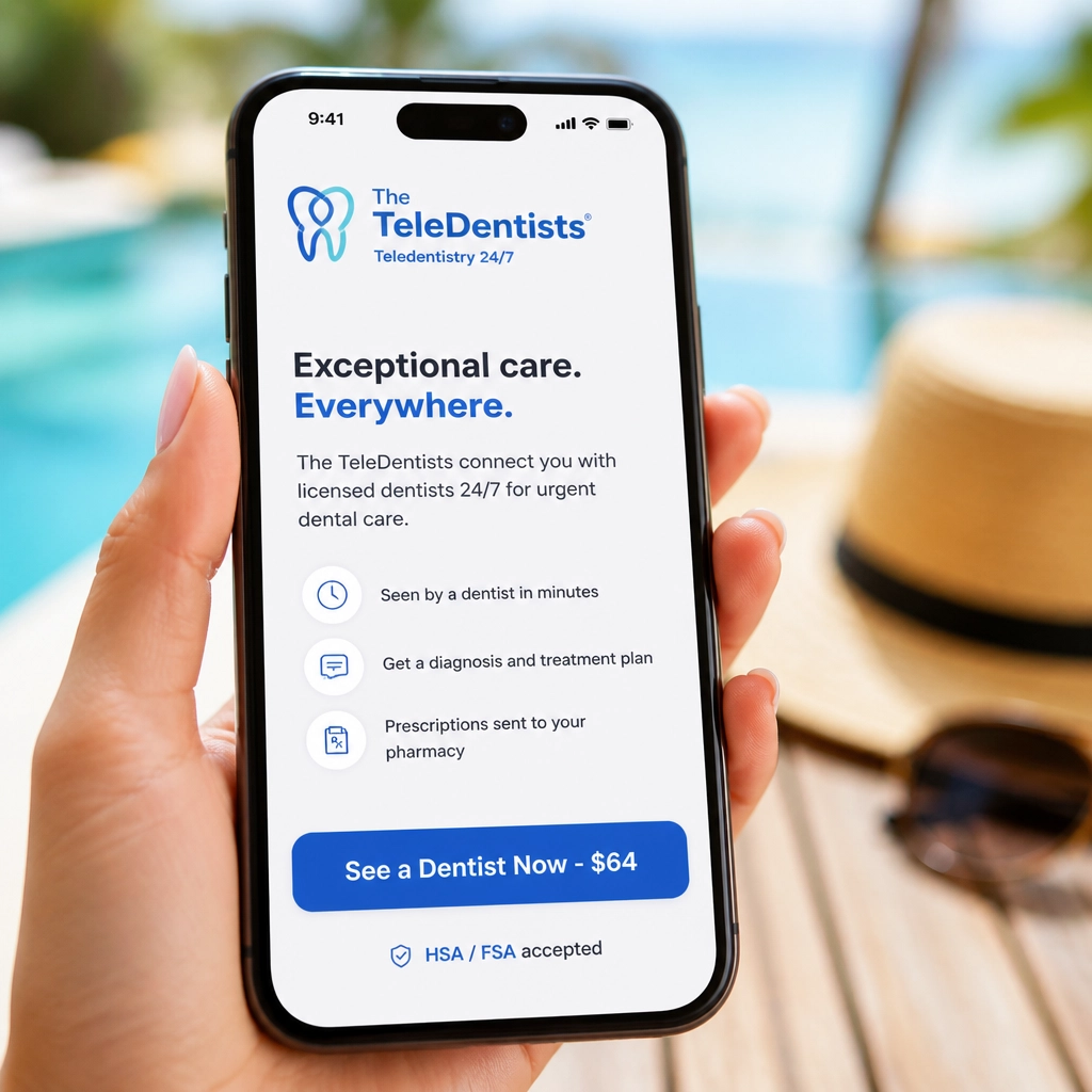 A smartphone showing The TeleDentists app with a clear button to see a dentist now for sixty four dollars.