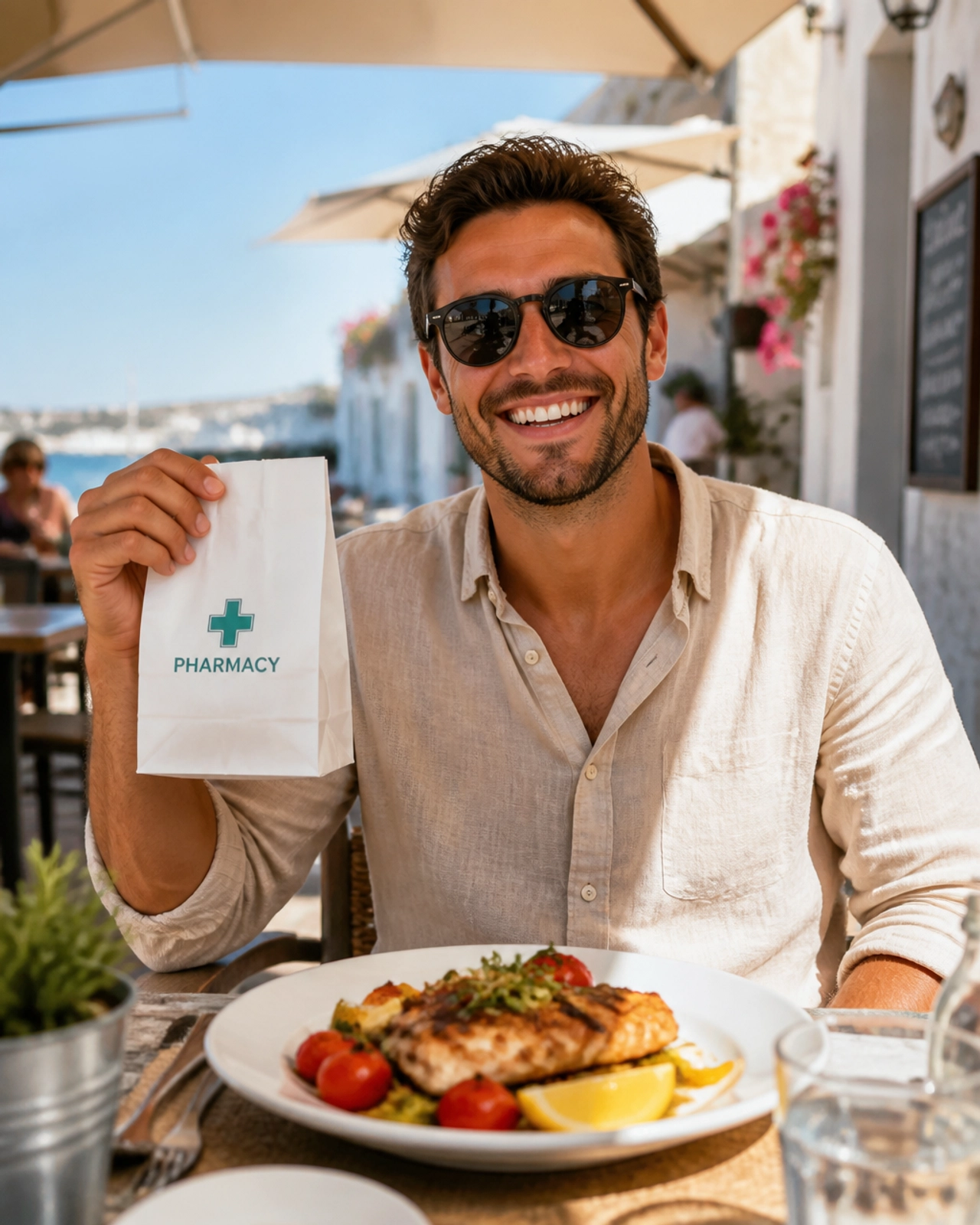 A happy traveler enjoying a meal and a drink outdoors after getting quick relief from a dental emergency.