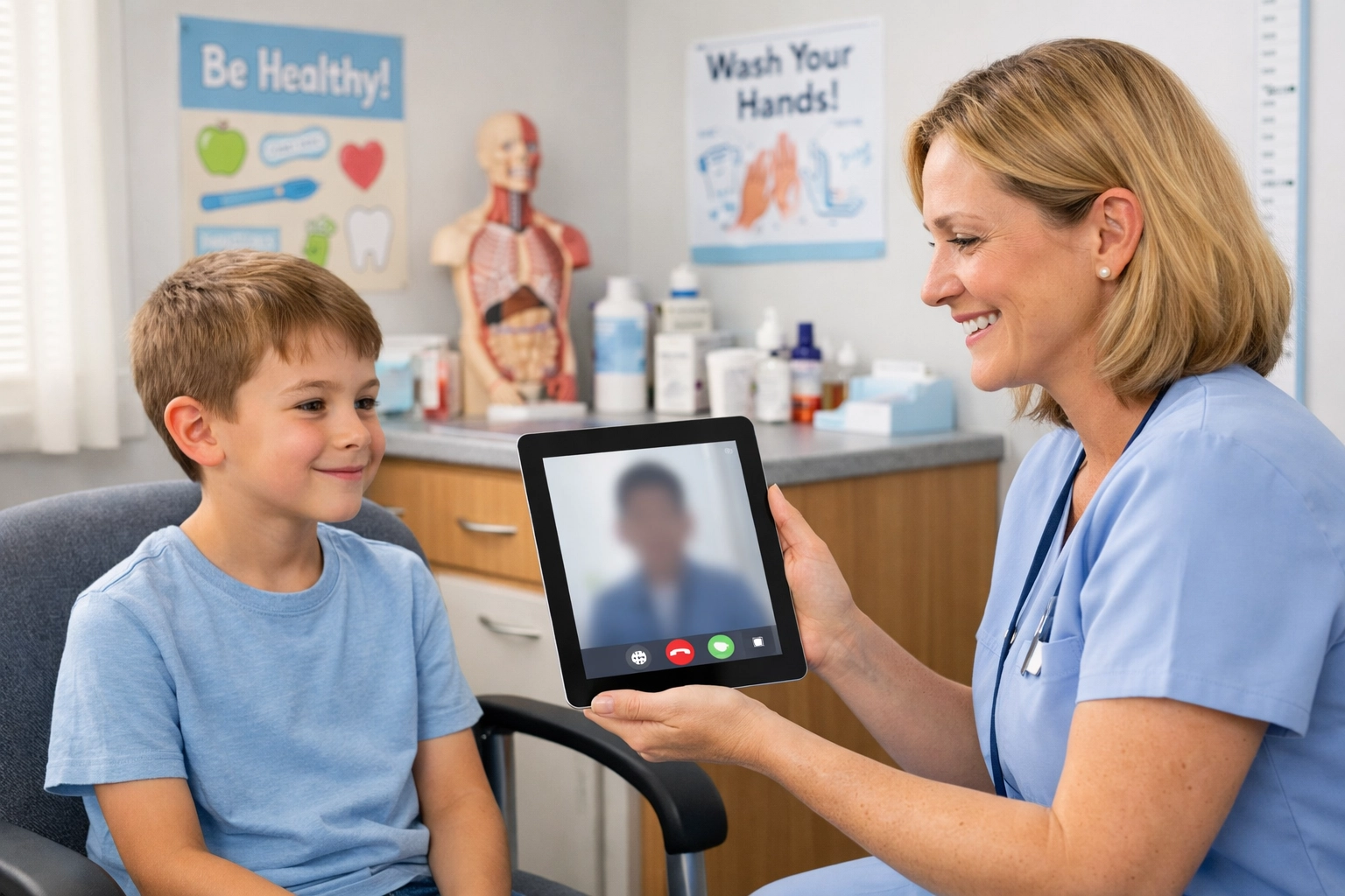School nurse conducting virtual dental consultation with student using tablet in nurse's office