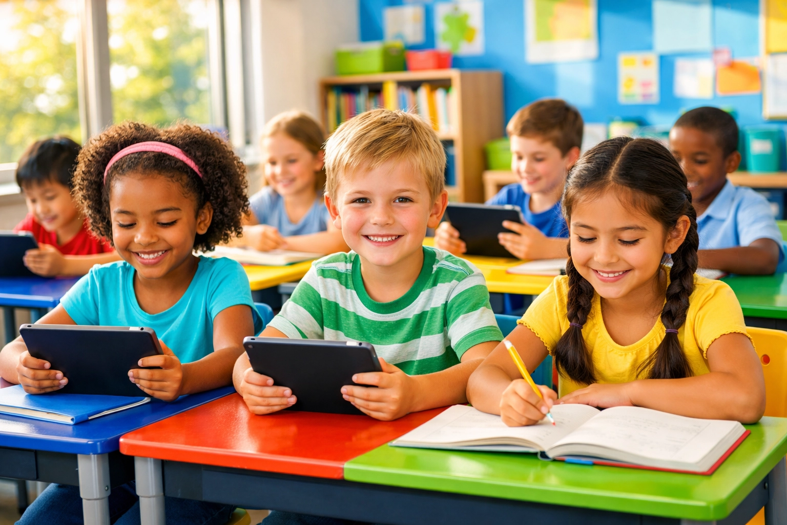 Elementary students engaged in learning at school desks in bright modern classroom