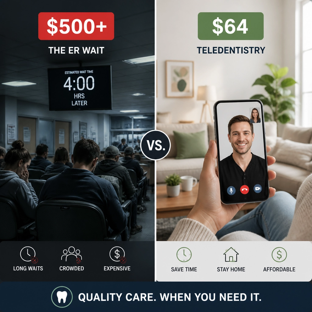 A comparison graphic showing a crowded, expensive ER waiting room vs. a fast, affordable online dental consultation on a smartphone.
