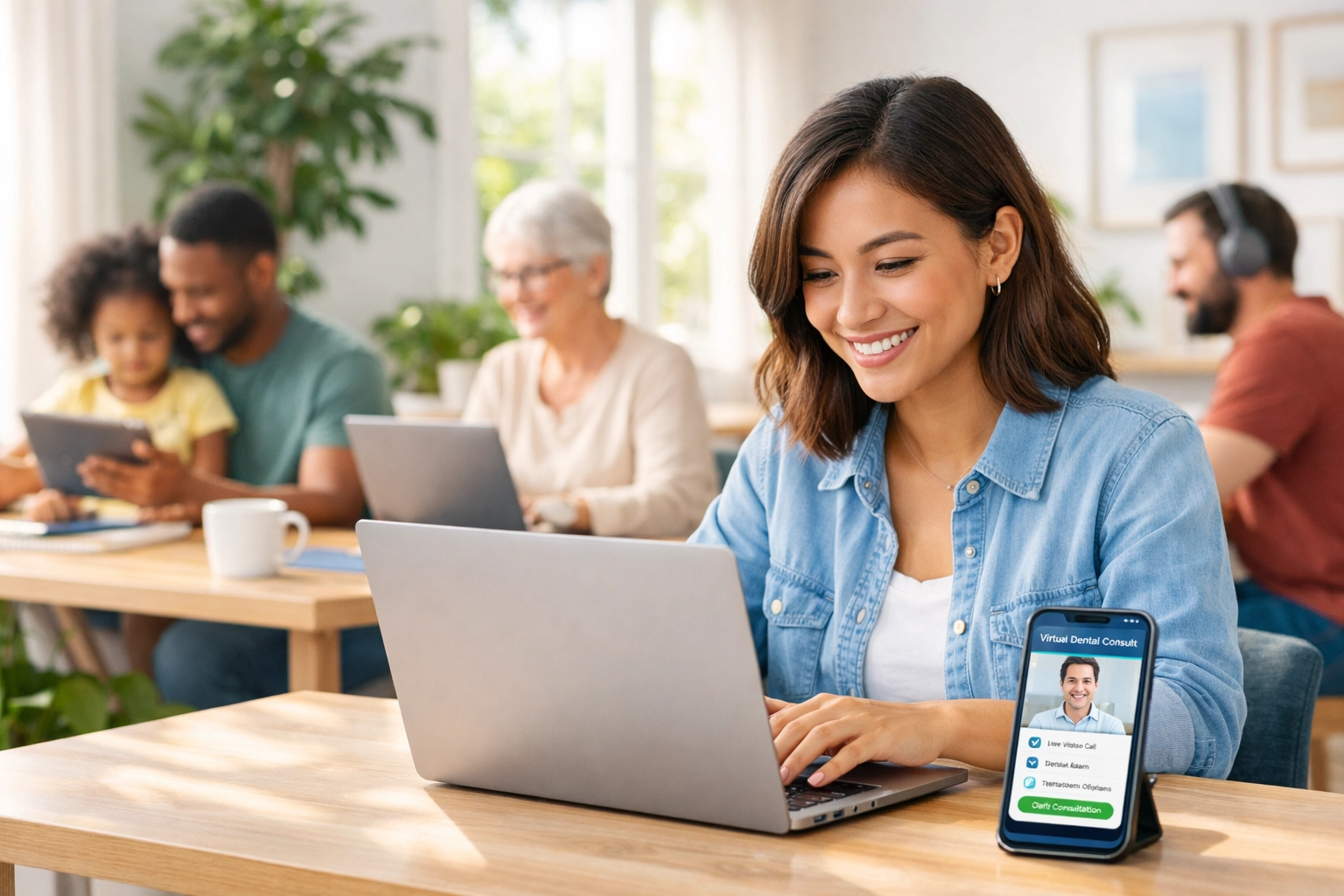 Diverse affiliate partners promoting virtual dental consultations on laptops and smartphones
