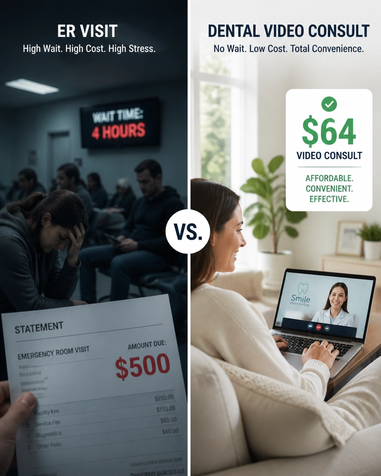 A comparison between a stressful $500 ER visit and a comfortable $64 virtual dental consult