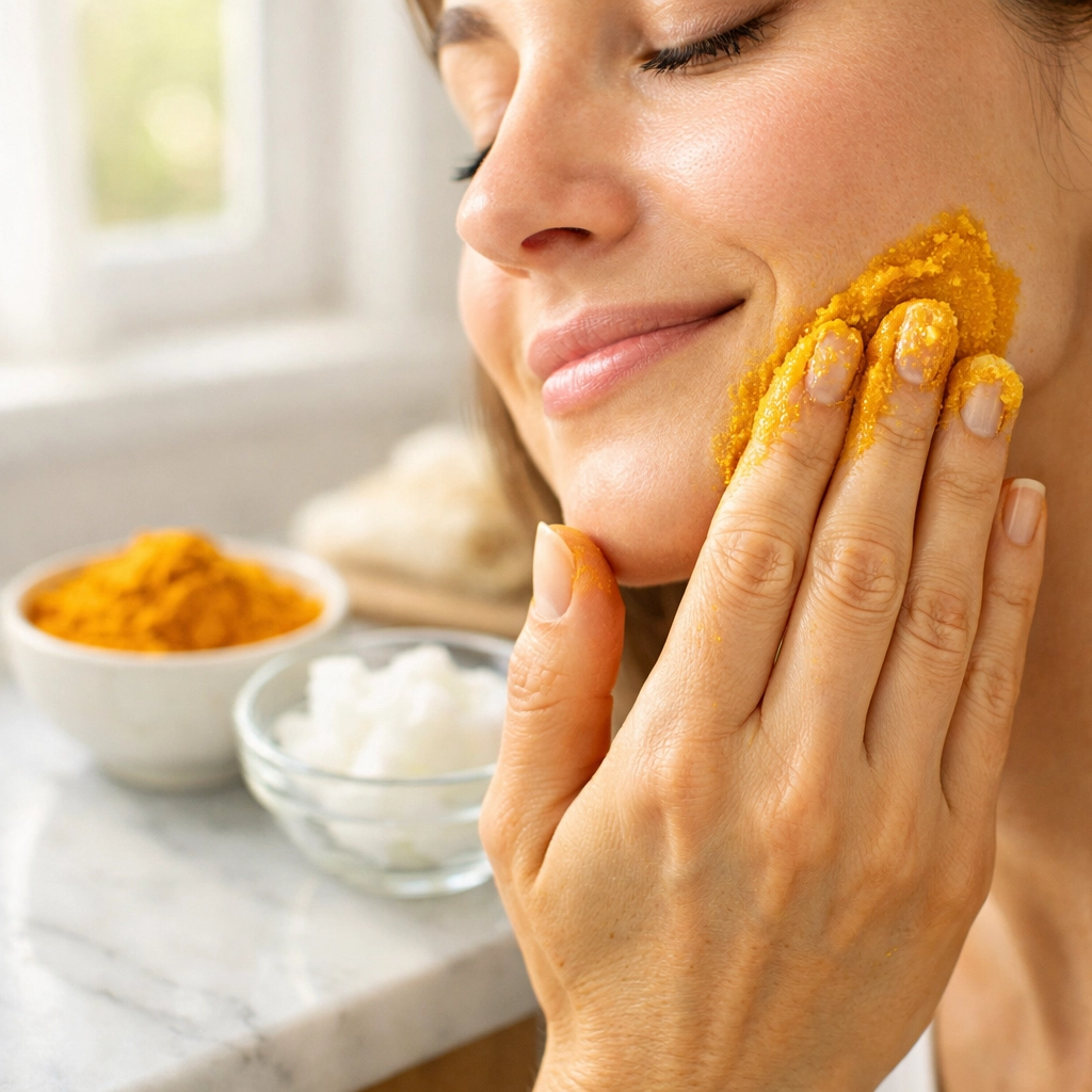 Woman applying turmeric paste to jaw for wisdom tooth pain relief