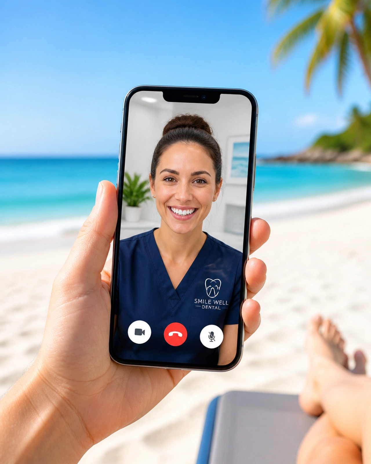 Person using a phone for a virtual dental consult at the beach