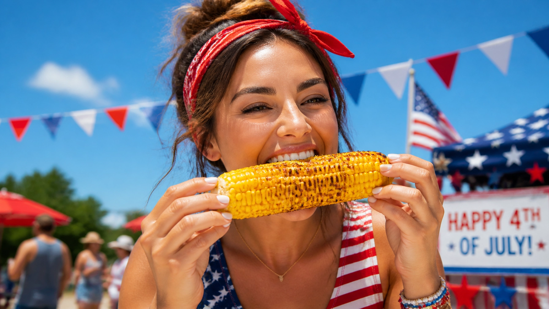 Happy person eating corn on the cob at a 4th of July party