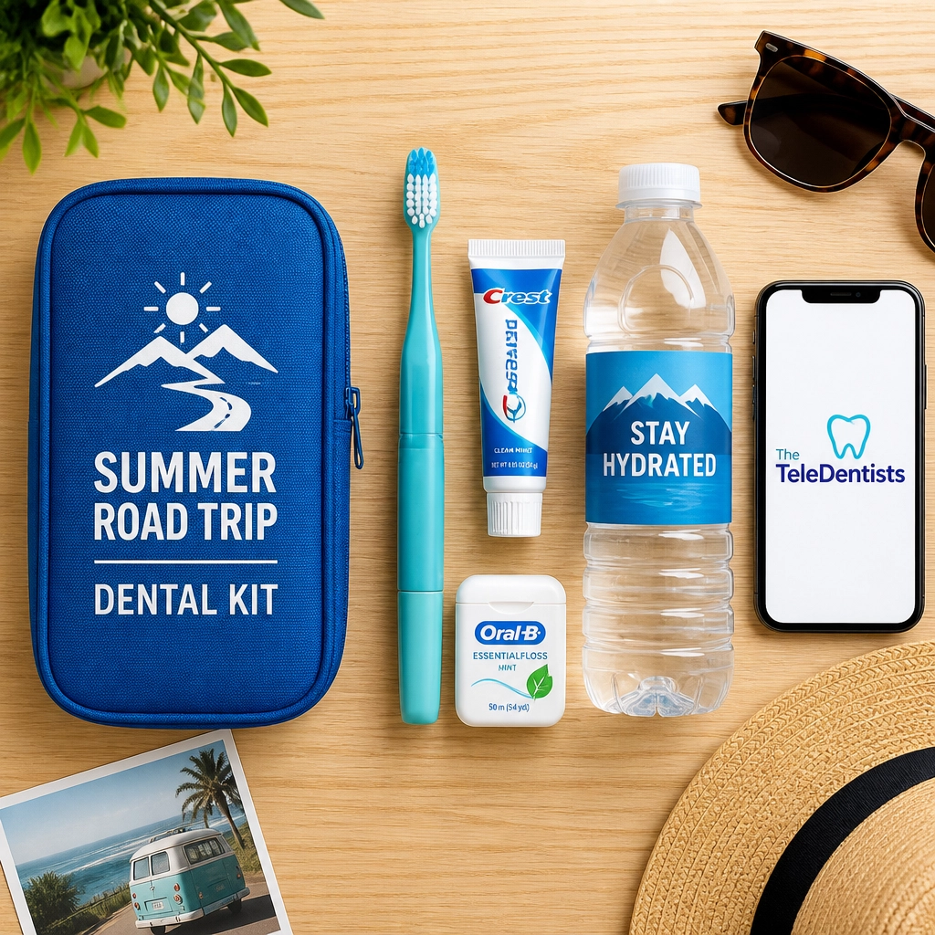 A flat lay of a road trip dental kit with a toothbrush, floss, and a smartphone