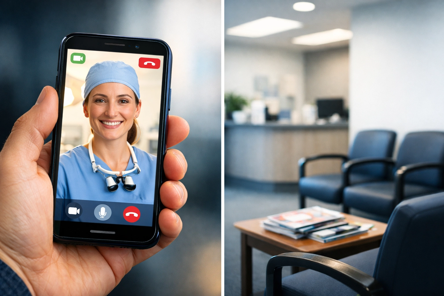 Virtual dental visit on phone compared to traditional dental office waiting room