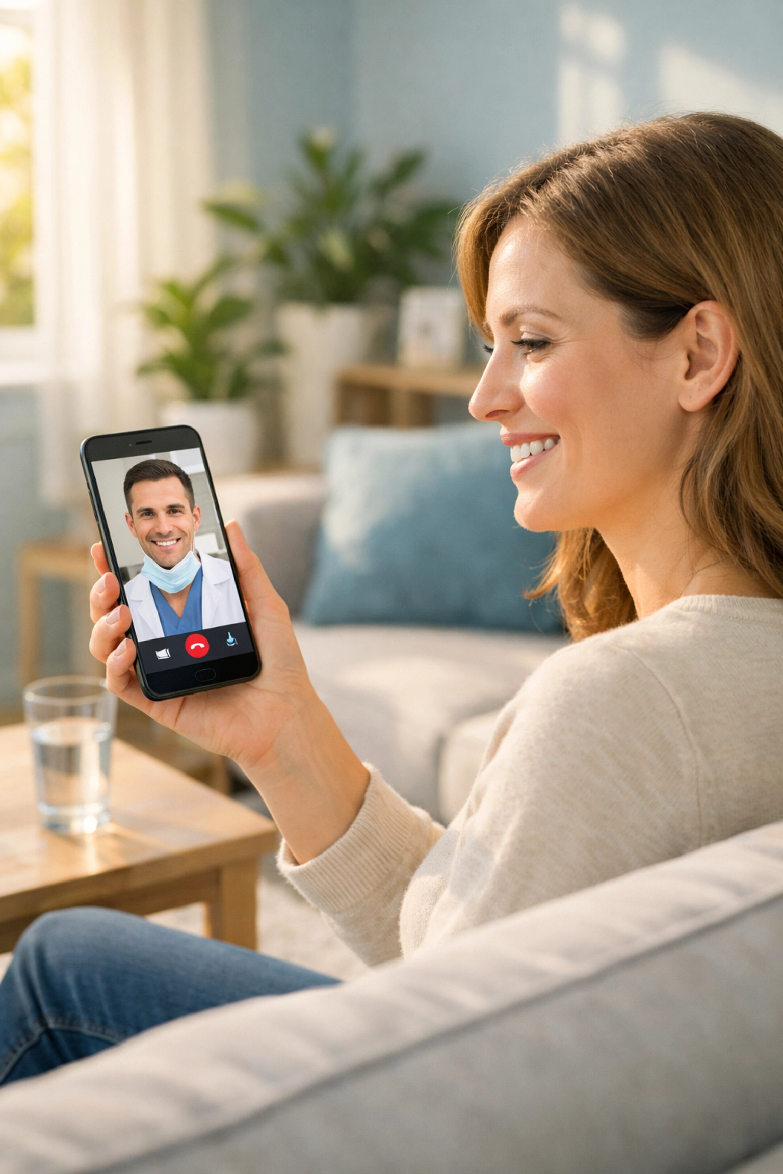 Woman using HR&I virtual dental consultation from home on smartphone