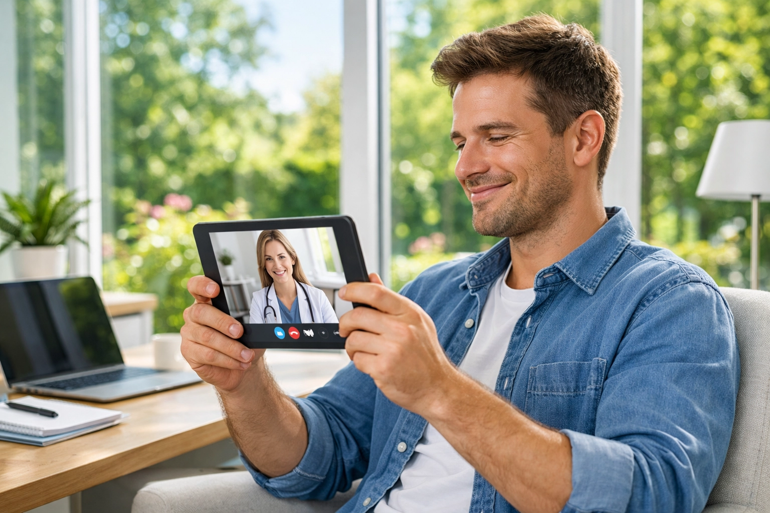 Man using a tablet for a virtual dental consultation from his home office.