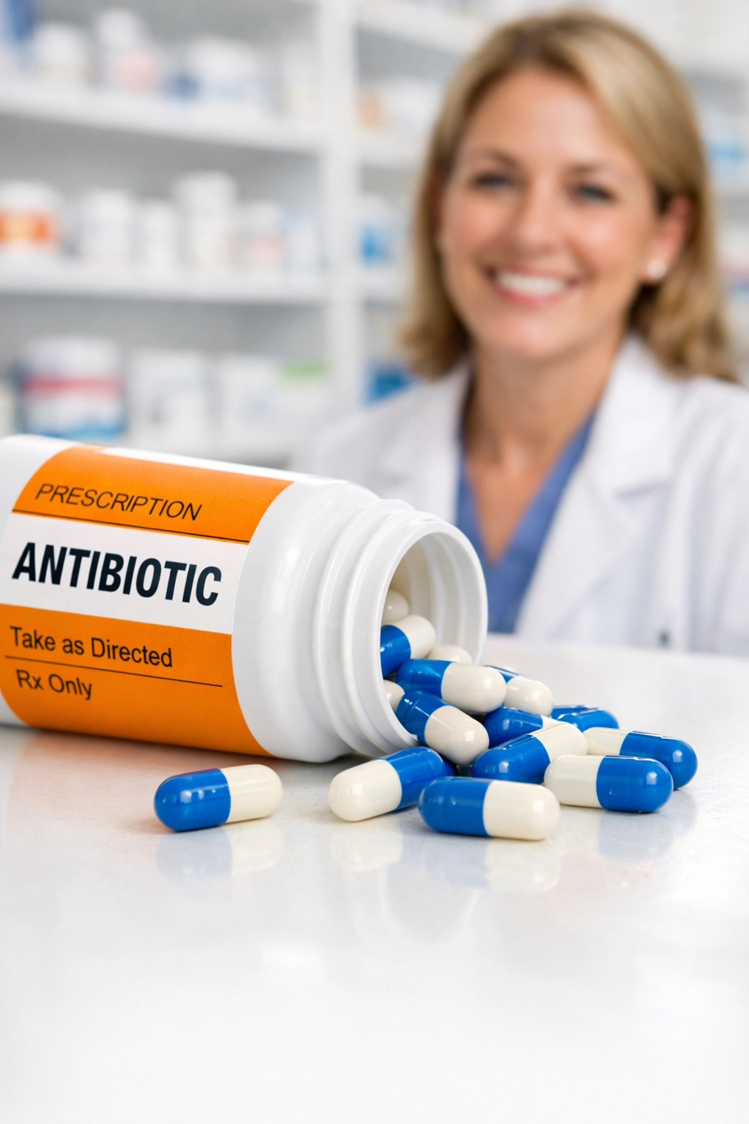 Prescription antibiotics at pharmacy ready for pickup after online dental consultation