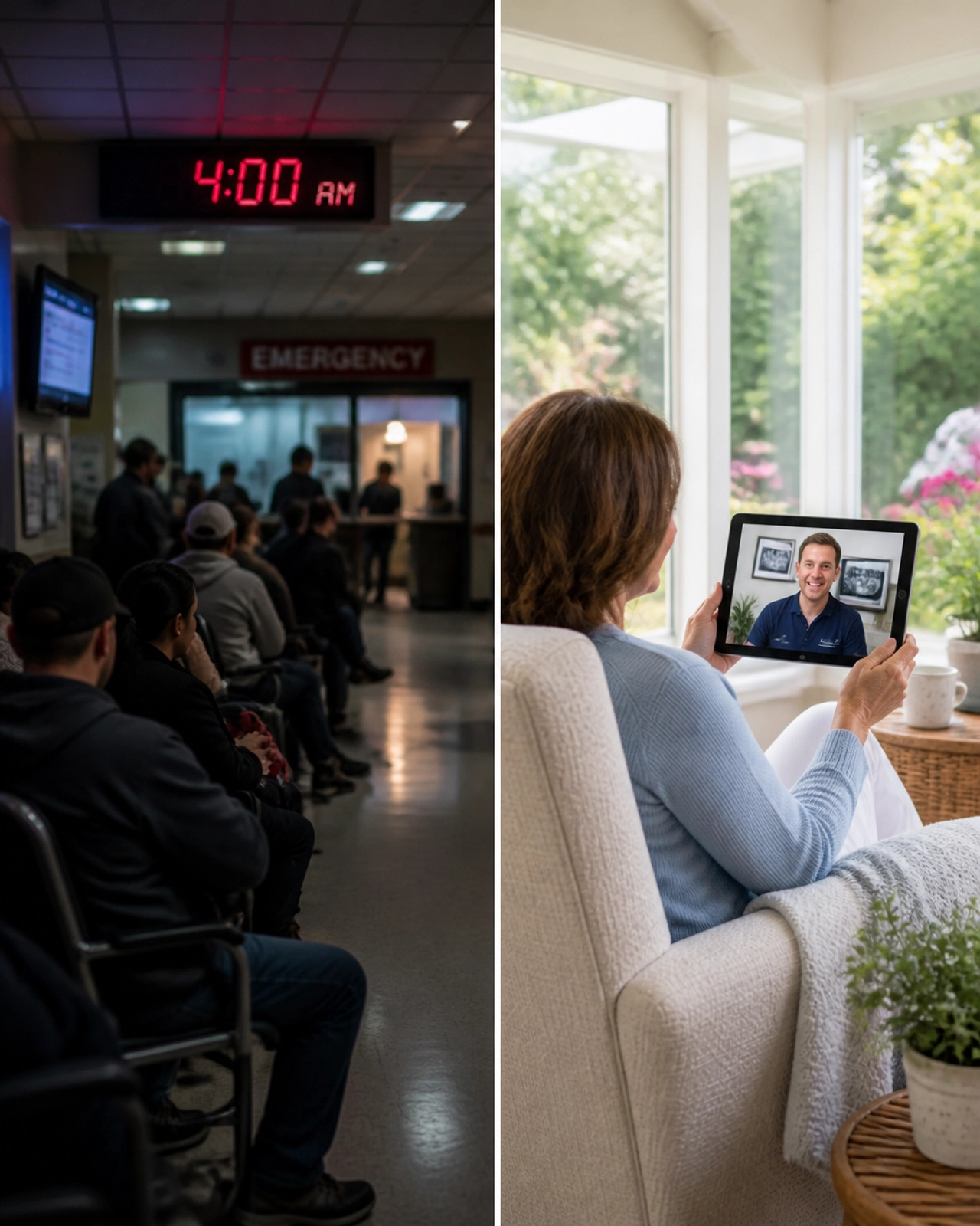 A split-screen photograph showing a dimly lit, crowded hospital ER waiting room on the left and a bright, cheerful sunroom with a person using a tablet to talk to a dentist on the right.