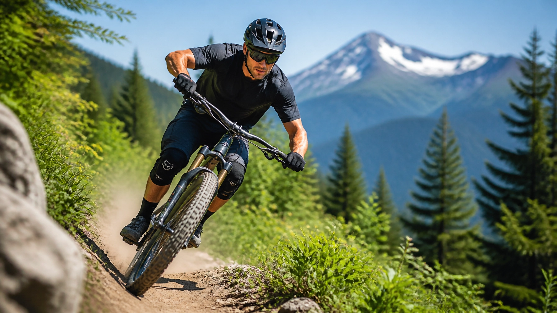 Action shot of a mountain biker on a bright, scenic trail.