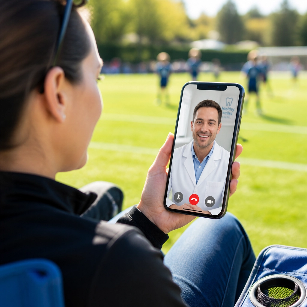 A parent on the sidelines using a smartphone to consult with an online dentist.