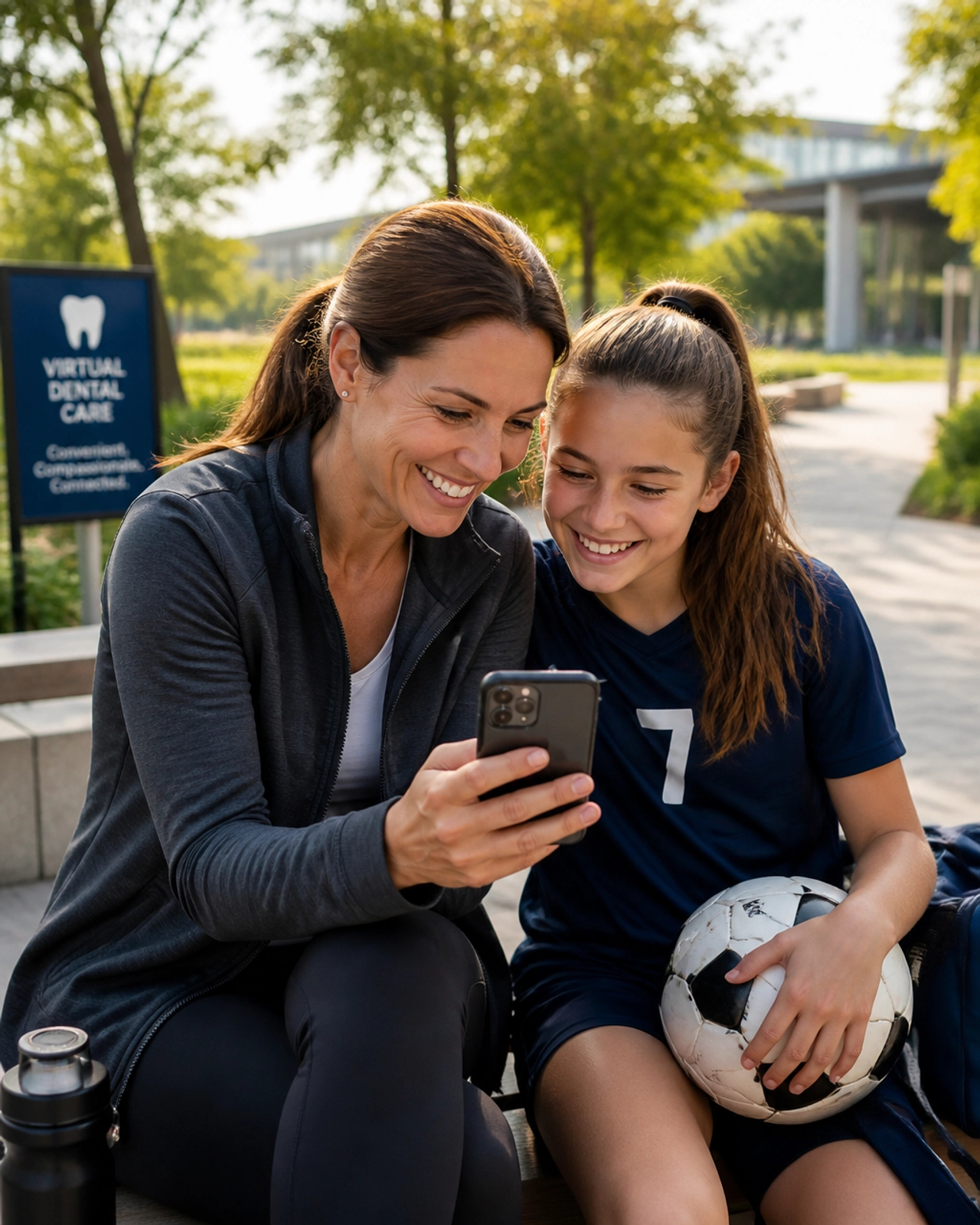 A relieved parent and young athlete smiling after a virtual dental consultation.