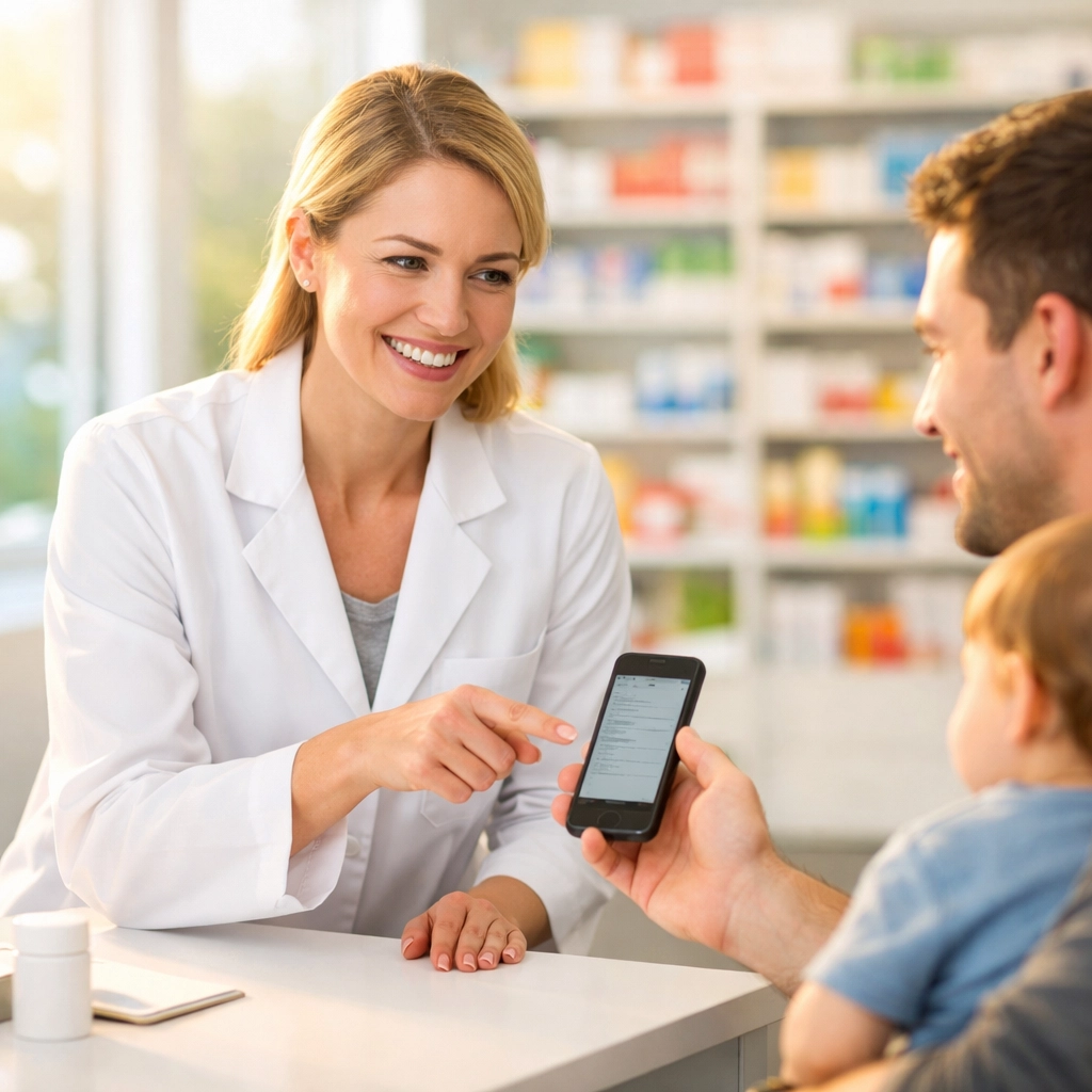 Pharmacist helping a customer use a smartphone for an online dental consultation in a retail pharmacy clinic.