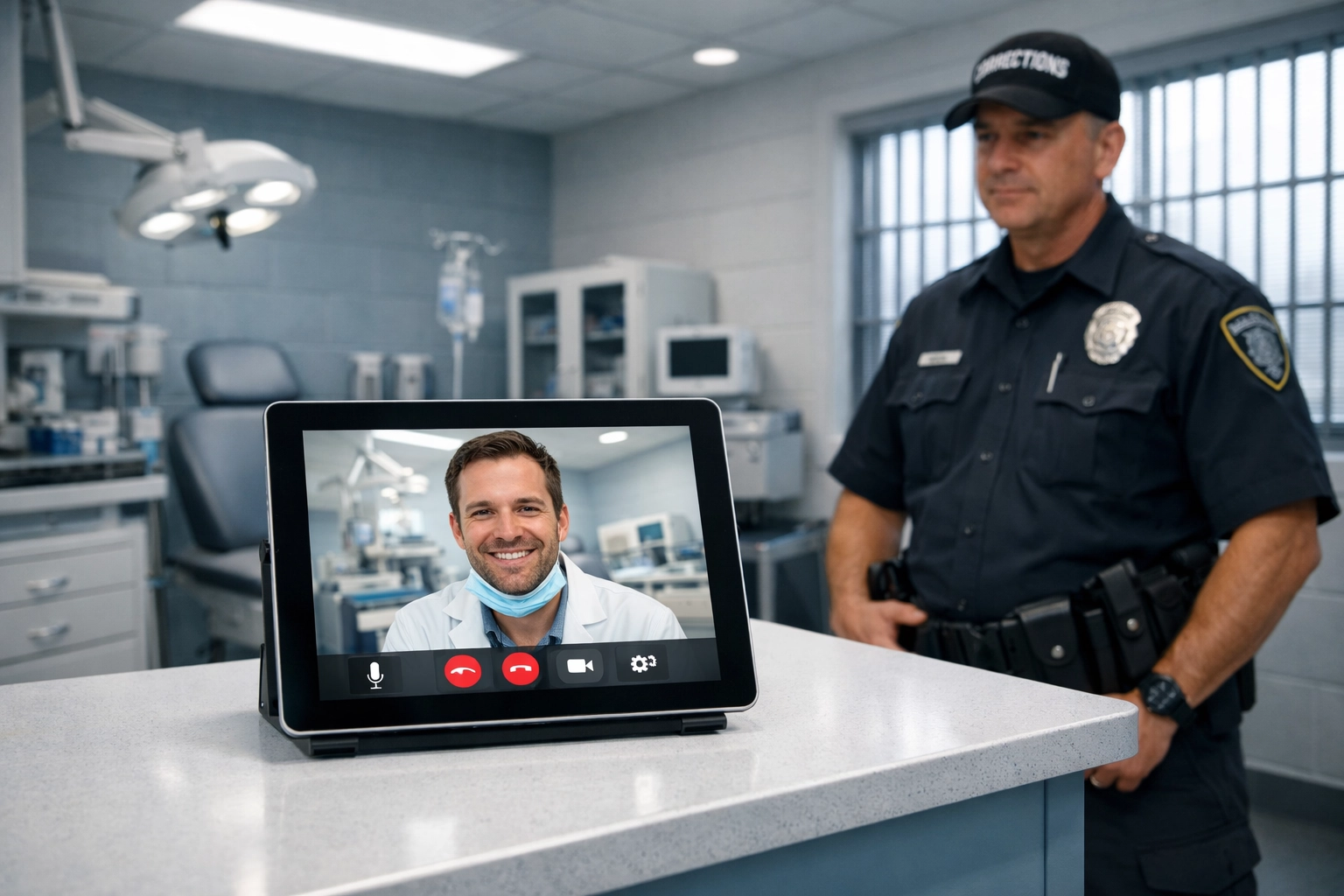 Correctional officer observing teledentistry consultation on tablet in facility medical room