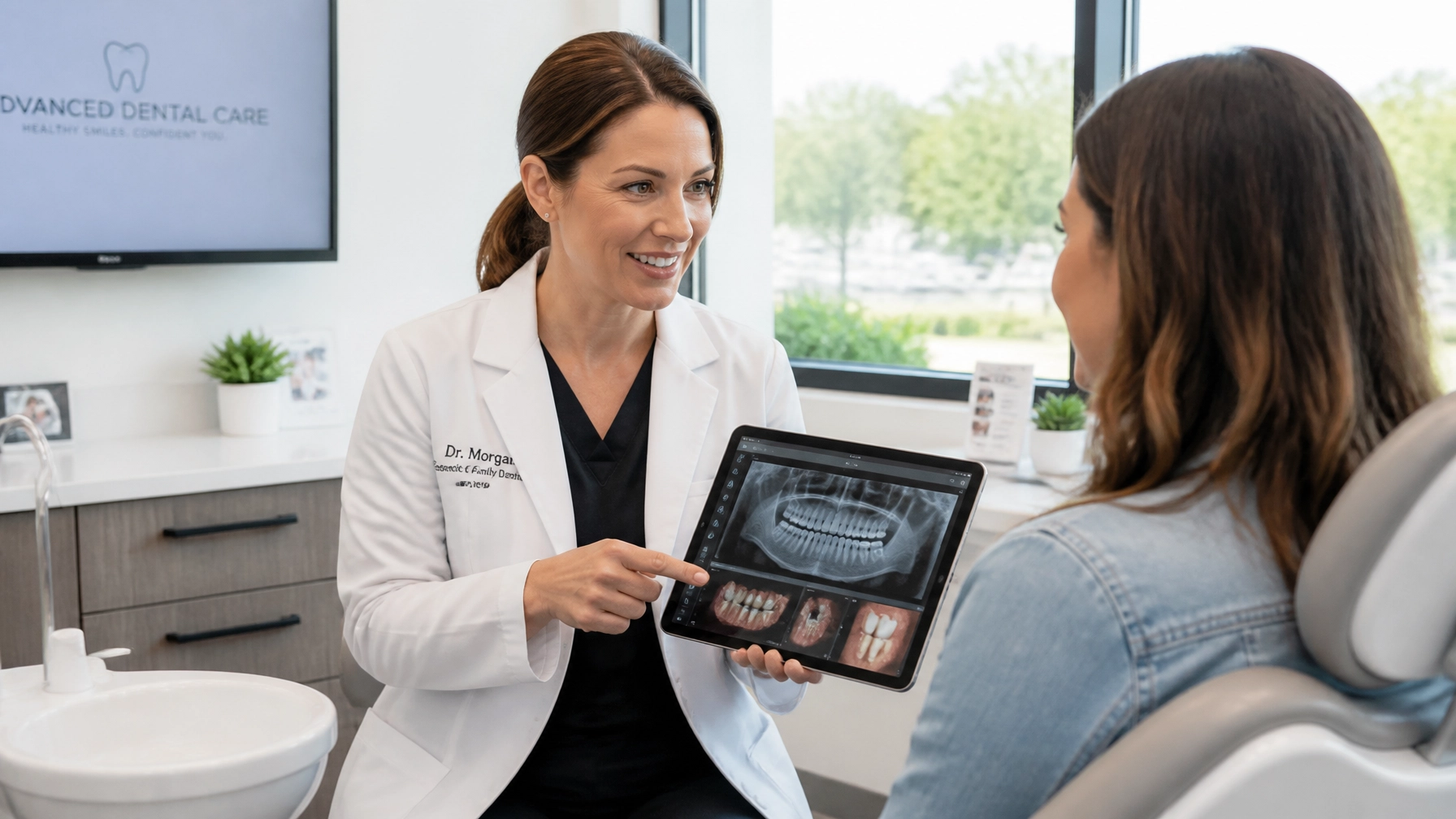 Professional dentist in a modern telehealth setting consulting via tablet
