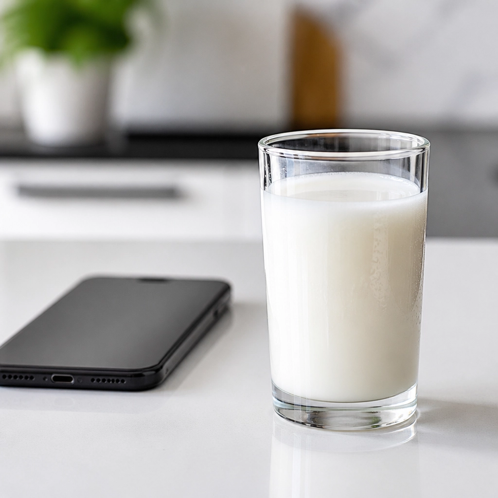 A glass of milk and a smartphone on a clean counter