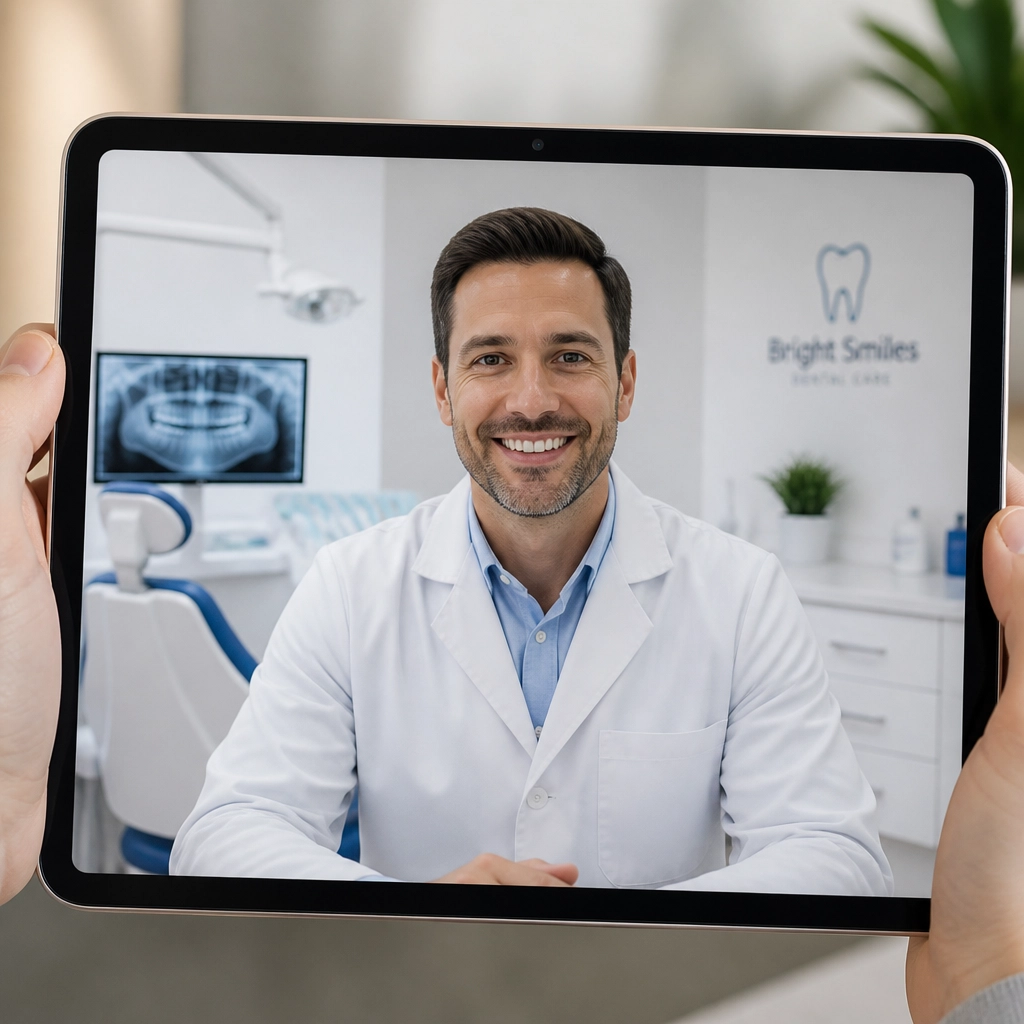 A friendly male dentist smiling on a tablet screen