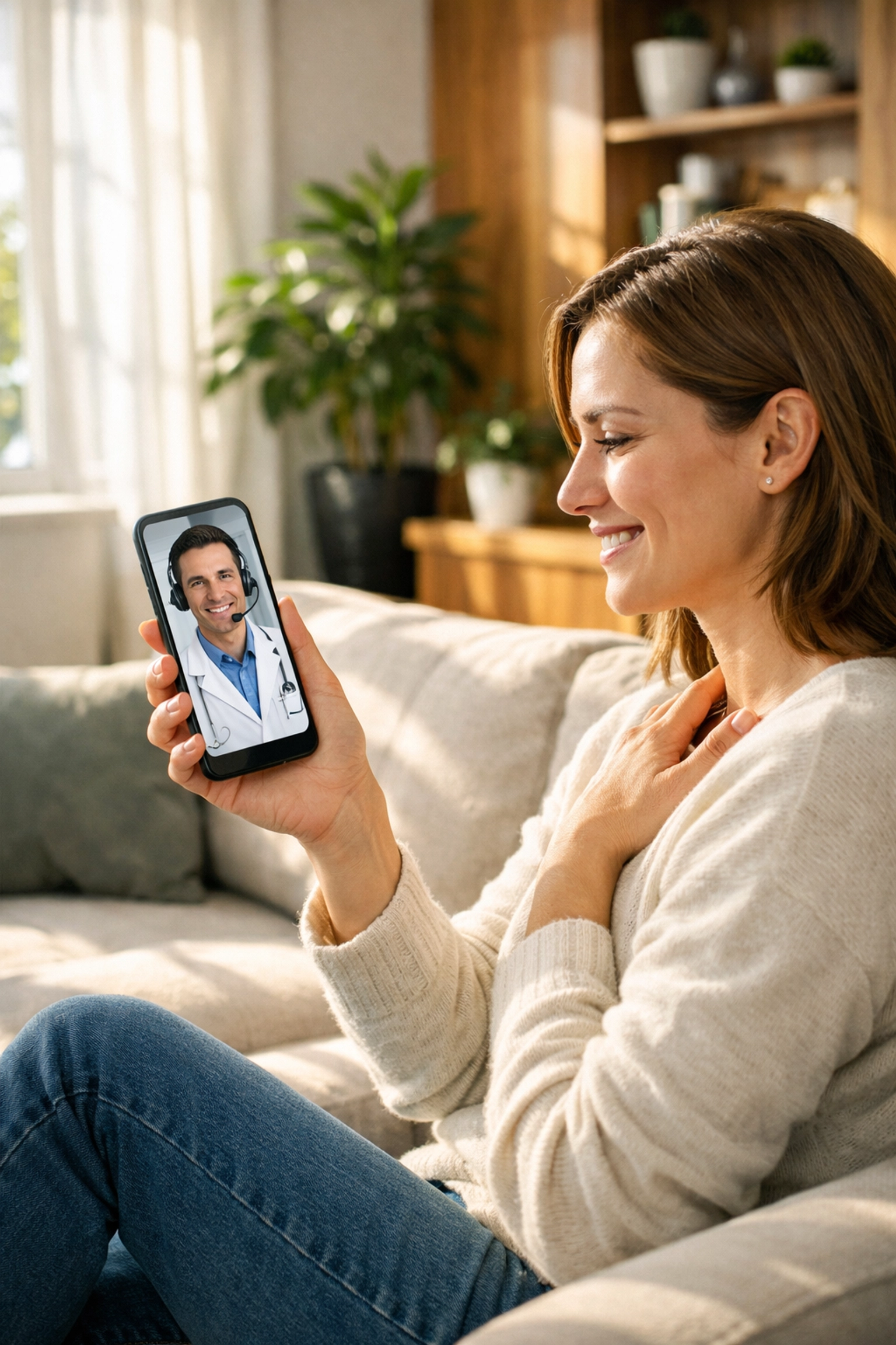 Relieved woman using her smartphone for a virtual dental consultation with an online emergency dentist.