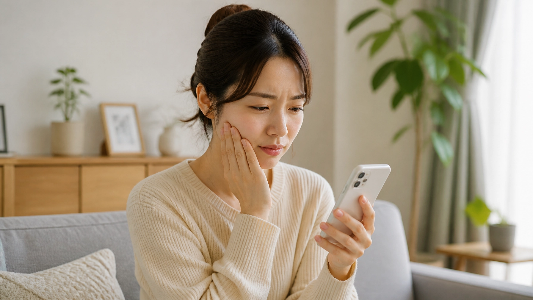 Person experiencing mild discomfort while using a smartphone at home