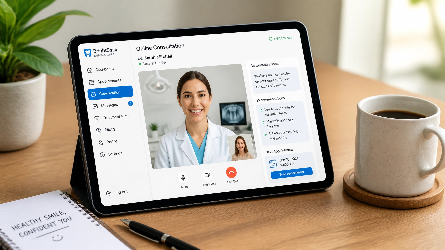 Digital tablet displaying an online dental consultation app on a clean desk