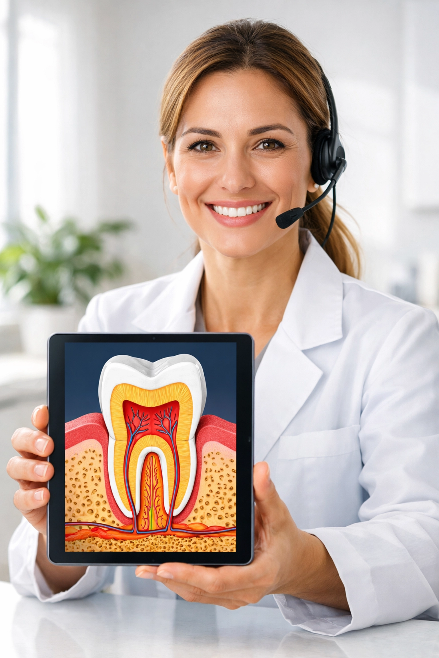 Dentista profesional realizando una consulta dental virtual para emergencias odontológicas.