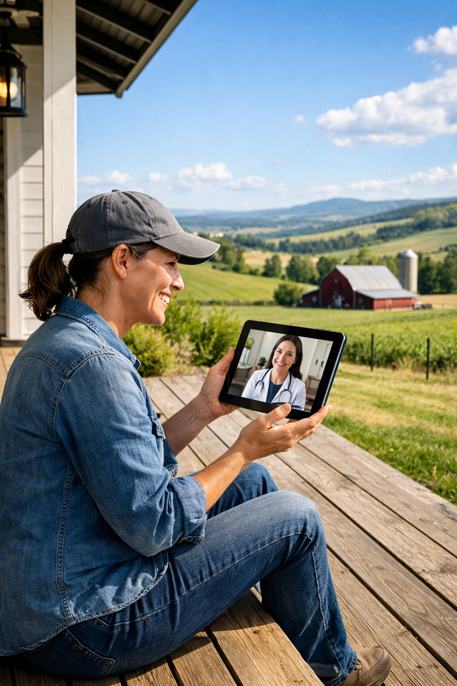 Accessing home dentistry in a rural area via a virtual consultation on a tablet.