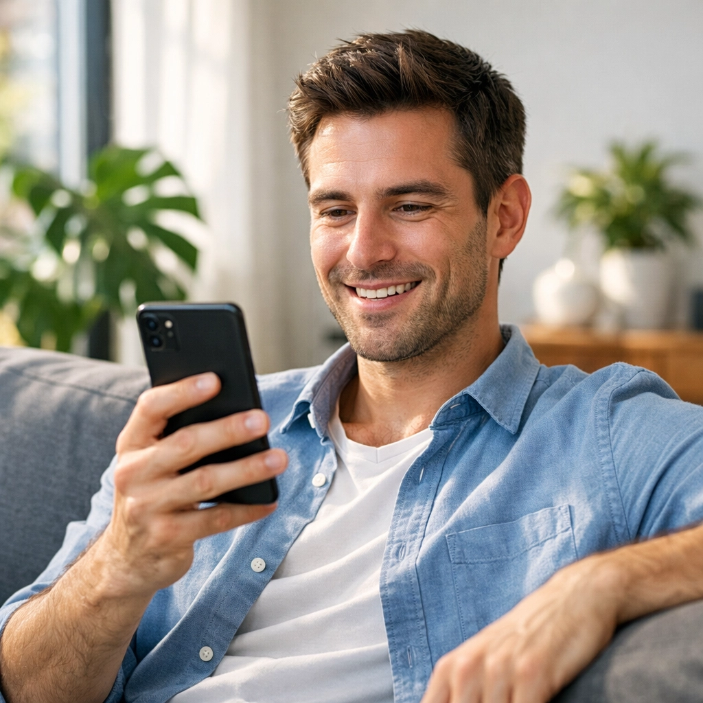 A man using a smartphone for a teledentistry visit at home, illustrating the ease of online dental care.