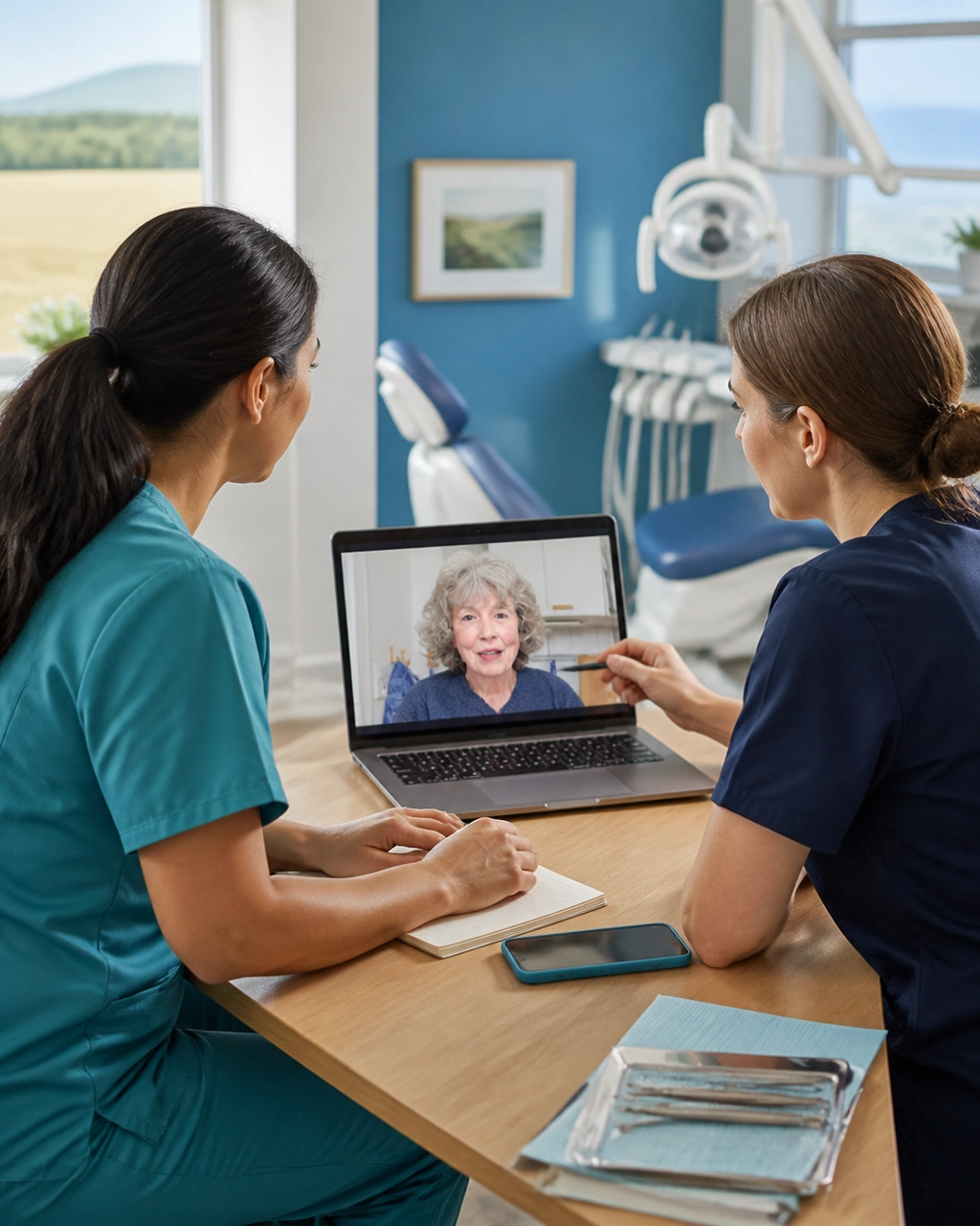 Care team reviewing a virtual dental consultation on a laptop in a bright community clinic