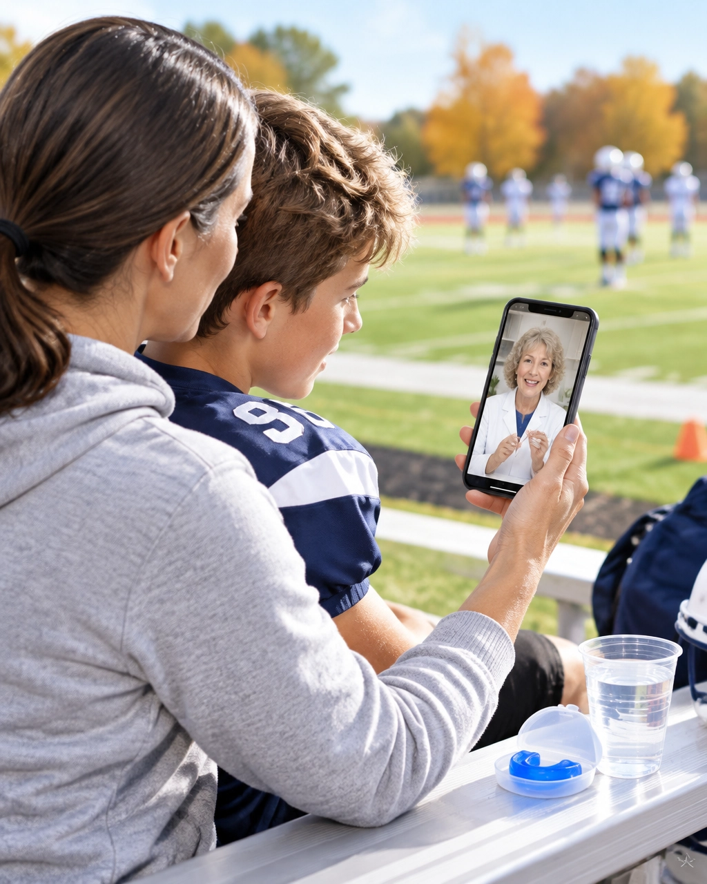 Parent and young athlete connecting with a virtual dentist after a minor sports-related tooth injury