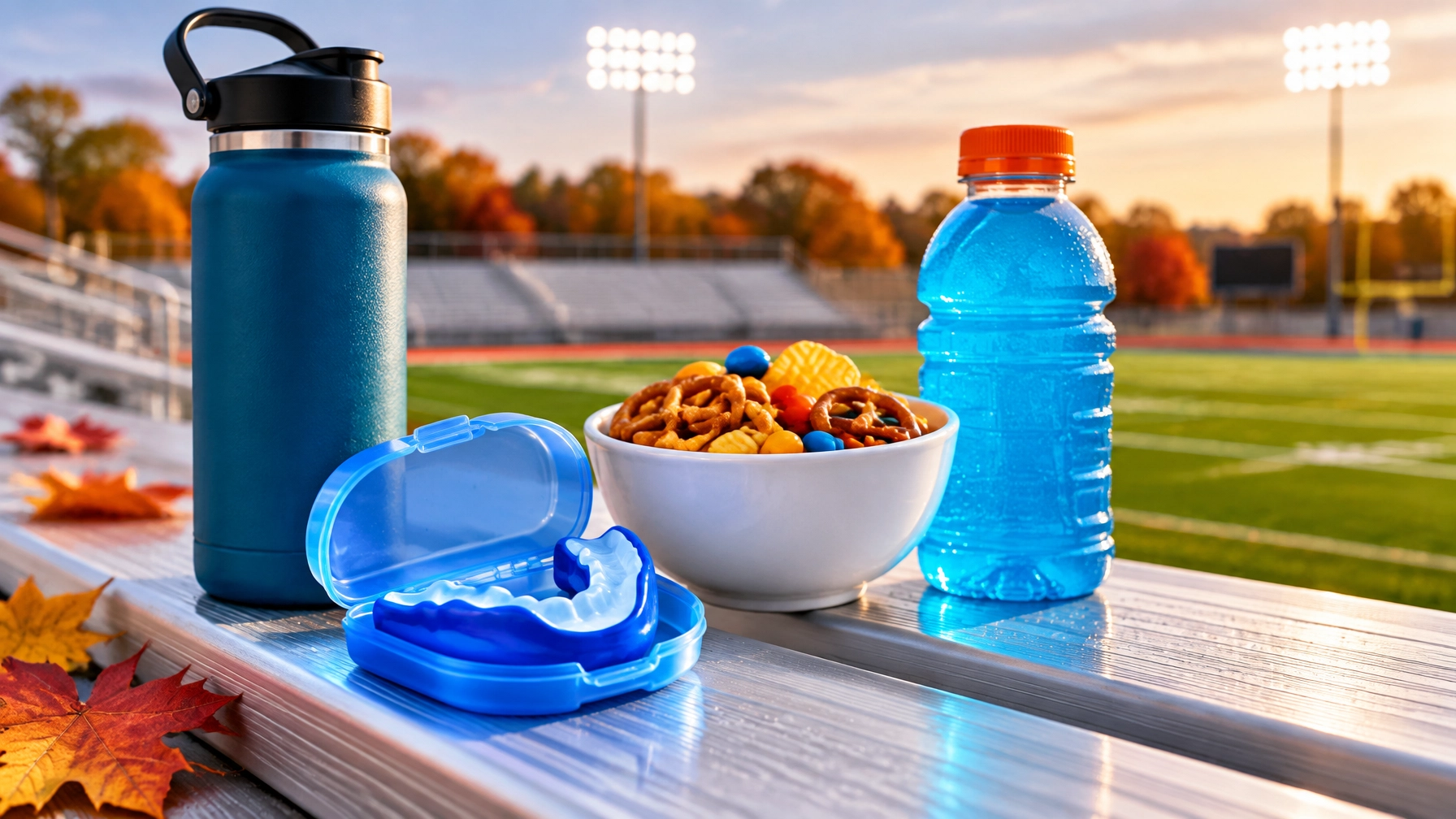 Sports mouthguard, water bottle, sugary concession snacks, and sports drink on fall football bleachers