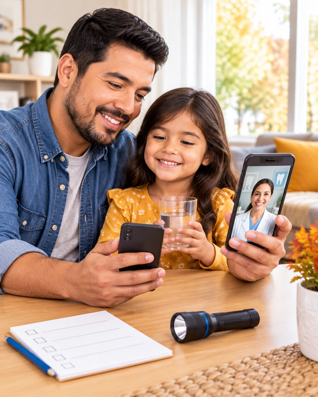 Padre latino y su hija preparándose tranquilamente para una consulta dental virtual en casa