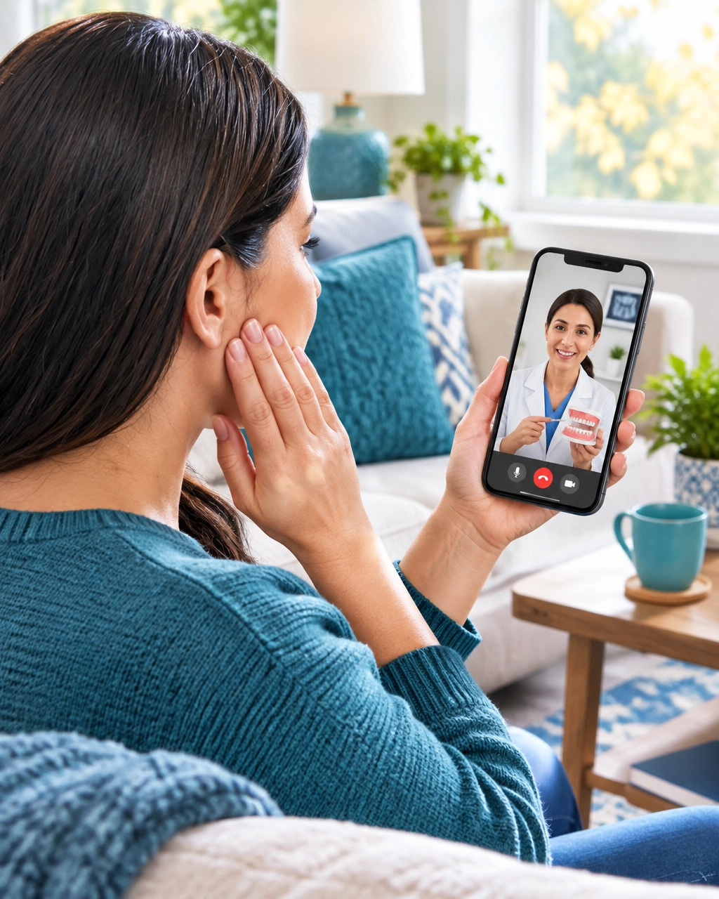 Mujer latina consultando a un dentista virtual desde casa mientras sostiene su mejilla