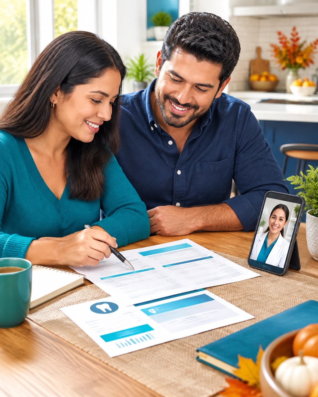 Pareja latina revisando sus beneficios de salud junto a un teléfono con una consulta dental virtual