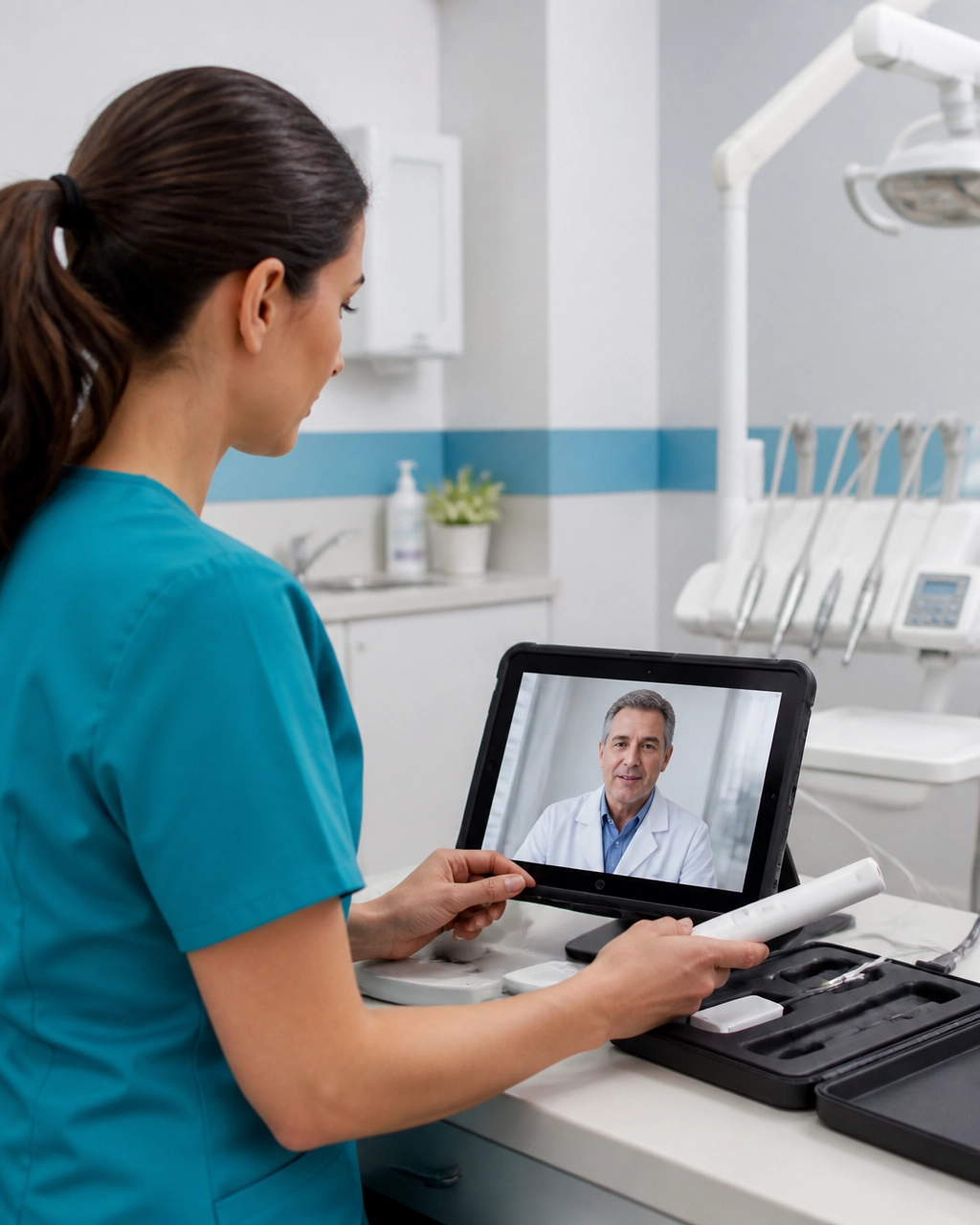 Healthcare team member preparing a tablet and intraoral camera for a remote dental consultation